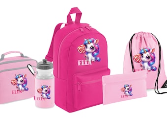 PERSONALISED:  your name mini backpack back pack  lunch bag box pencil case gym bag water bottle school set gym pe nursery bag - UNICORN