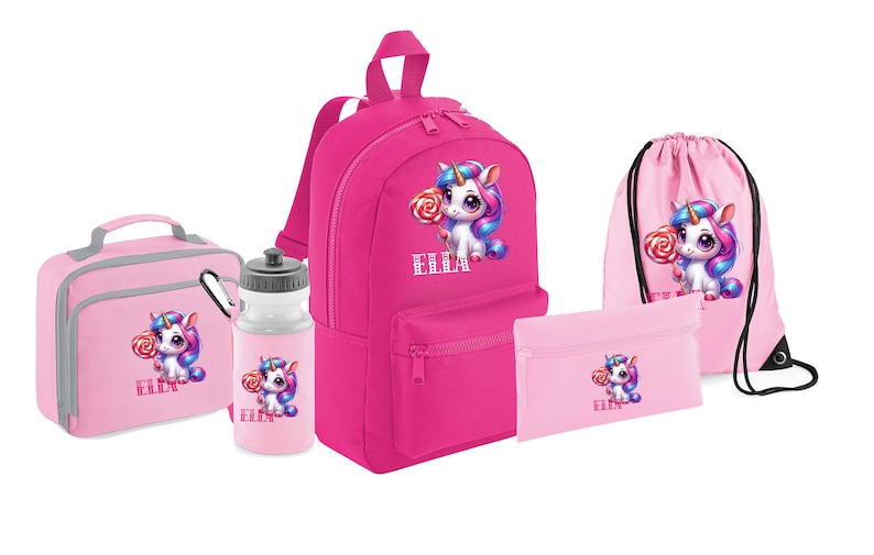 PERSONALIZADO: su nombre mini mochila mochila bolsa de almuerzo caja lápiz estuche bolsa de gimnasio botella de agua conjunto escolar gimnasio pe bolsa de guardería UNICORNIO imagen 1