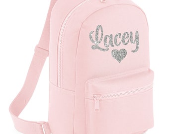 PERSONALISED:  your name mini backpack back pack school set gym pe nursery bag - GLITTER heart  - 10 colours