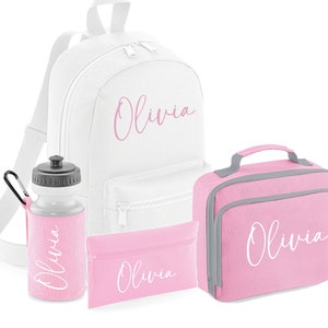 PERSONNALISÉ : votre nom mini sac à dos sac à dos sac à lunch boîte à crayons et bouteille d'eau ensemble scolaire gym pe pépinière sac script rose blanc