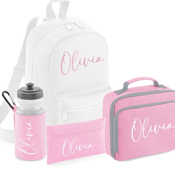 PERSONALISED:  your name mini backpack back pack  lunch bag box pencil case and water bottle school set gym pe nursery bag script pink white