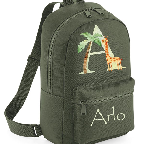 PERSONALISED:  your name mini backpack back pack school set gym pe nursery bag - SAFARI INITIAL jungle wild animal design - 10 colours