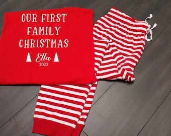 Personalised family matching xmas pjs pyjamas festive -  our first 1st family Christmas - red stripes, short sleeves, your name and year