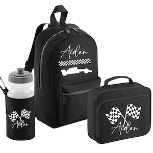 PERSONNALISÉ : mini sac à dos, boîte à lunch et bouteille d'eau à votre nom, sac de sport, sac de bébé, nom du pilote de voiture de course