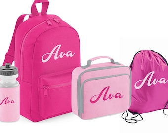 PERSONALISED:  your name, mini backpack back pack, lunch bag box, water bottle school and gym bag set gym pe nursery bag - pink