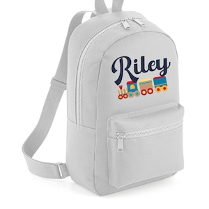 PERSONALISIERT: Ihr Name Mini-Rucksack-Rucksack-Schule-Set Turnhalle Pe Kinderzimmer Tasche - Zug Transportfahrzeug- 10 Farben