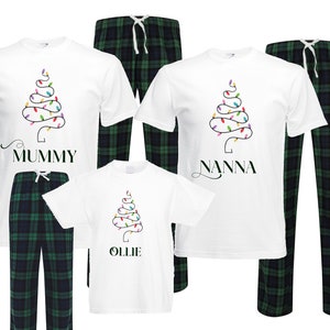 Personalised Christmas tree lights family matching xmas pjs pyjamas festive -  green navy tartan check plaid short sleeves long bottoms