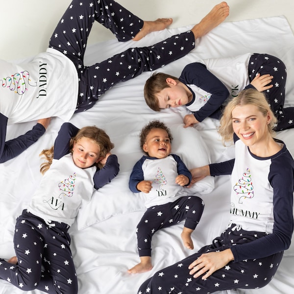 Personalised family matching xmas pjs pyjamas festive -  your name Christmas tree lights - navy stars, long sleeves, your name