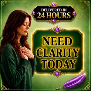 Op de afbeelding: Een persoon met lang auburnkleurig haar draagt een donkergroene trui met de handen op de borst. De afbeelding bevat de tekst DELIVERED IN 24 HOURS en NEED CLARITY TODAY, vergezeld door een paarse veer op een groene achtergrond.