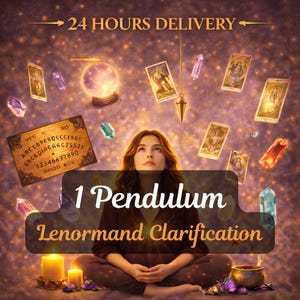 May include: An image featuring a woman surrounded by tarot cards, crystals, and a pendulum. The text reads "24 HOURS DELIVERY" and "1 Pendulum Lenormand Clarification". A glowing orb and candles add to the mystical theme.