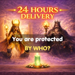 Puede incluir: Ilustración digital con dos figuras coronadas sosteniendo cetros, sobre un fondo púrpura y dorado. El texto dice "24 HOURS DELIVERY" y "You are protected BY WHO?" Una vela verde arde en primer plano.
