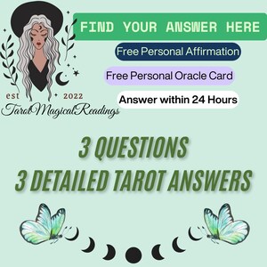 Lecture précise | Lecture en 3 questions | Chaque question est accompagnée d'une lecture détaillée d'une carte de tarot | Une affirmation personnelle est incluse