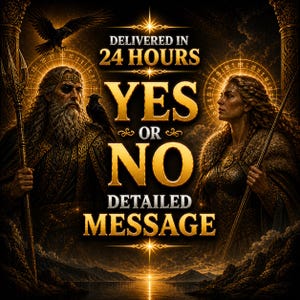 May include: Digital artwork with the text "YES OR NO DETAILED MESSAGE" between two figures. The figures are dressed in elaborate attire, holding spears, and set against a golden background. The text "DELIVERED IN 24 HOURS" is also displayed.