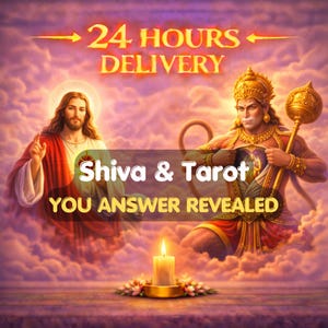 Op de afbeelding: Digitale kunst met twee figuren, een in rode en witte gewaden, de ander in gouden harnas, te midden van wolken. Tekst luidt "24 HOURS DELIVERY", "Shiva & Tarot" en "YOU ANSWER REVEALED". Een brandende kaars staat op de voorgrond.