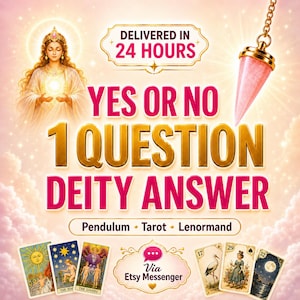 Op de afbeelding: Een advertentie met een goddelijke illustratie, een roze pendel en tarotkaarten. Tekst luidt "YES OR NO 1 QUESTION DEITY ANSWER" en "DELIVERED IN 24 HOURS". De afbeelding toont ook "Pendulum Tarot Lenormand" en "Via Etsy Messenger".