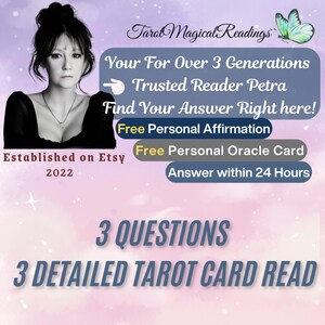 Lectura precisa | Lectura de 3 preguntas | Cada pregunta incluye una lectura detallada de una carta del tarot | Incluye una afirmación personal