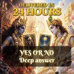 Op de afbeelding: Illustratie met twee figuren met sierlijke hoofddeksels, die tarotkaarten vasthouden. De tekst "DELIVERED IN 24 HOURS" en "YES OR NO Deep answer" worden weergegeven. De afbeelding heeft een spiritueel thema.