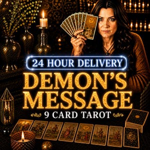 Op de afbeelding: Een persoon houdt een waaier van tarotkaarten vast met een zonne-illustratie, met de tekst 24 HOUR DELIVERY DEMON'S MESSAGE 9 CARD TAROT. Daaronder liggen acht tarotkaarten op een rij naast een kaars en een stapel kaarten.