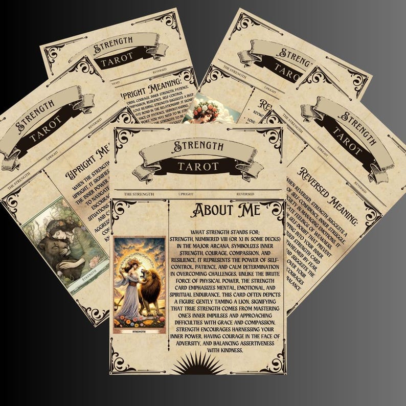 Tarot Cheat Sheet Strength Tarot Card Meaning Upright & Reversed 5 A4