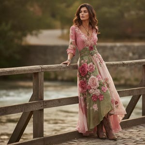 3D Floral Embroidered Maxi Dress Women, V Neck 3/4 Sleeve Boho A Line Beach