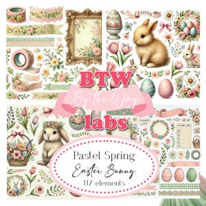 Può includere: Un foglio di collage digitale con 117 elementi a tema primavera pastello e coniglietto di Pasqua. Il foglio include immagini di coniglietti, fiori, uova, nastri e altri elementi decorativi. Il testo "BTW By the Way labs" e "Pastel Spring Easter Bunny - 117 elements -" è incluso sul foglio.