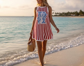 Women’s Cute Sardines Fish Print Sleeveless Mini Dress – Summer Beach Vacation Party Dress