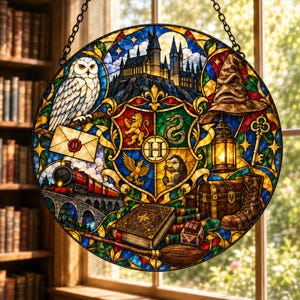 May include: A circular stained glass panel featuring a central crest with an H, surrounded by a castle, a white owl, a sorting hat, a steam train, a letter, a lantern, a key, a chest, a boot, a book, and a broomstick in vibrant colors.