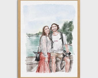 Custom watercolor painting from Photo, Hand-Drawn Couple Portrait, Wedding Anniversary Gift for Wife Husband, Gift for Her Him
