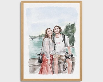 Custom watercolor painting from Photo, Hand-Drawn Couple Portrait, Wedding Anniversary Gift for Wife Husband, Gift for Her Him