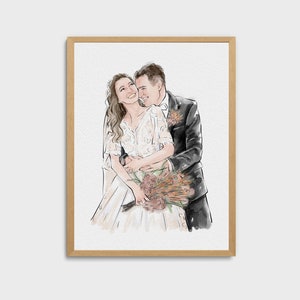 Aquarel bruiloft portret van foto, portret huwelijksaanzoek, portret familietekening, cadeau 1e verjaardag, cadeau stel