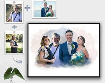 Personalized memorial portrait on canvas, Add someone in a picture, Custom Family portrait from different photos