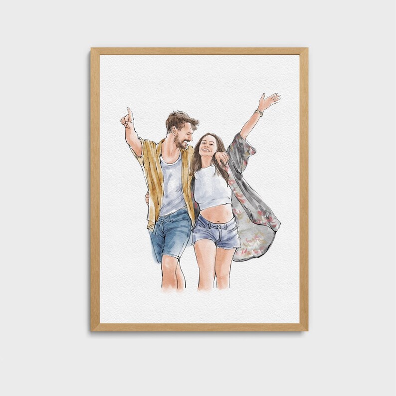 May include: A watercolor painting of a couple smiling and laughing together. The man is wearing a yellow shirt and blue jeans, while the woman is wearing a white shirt, blue denim shorts, and a floral patterned kimono.