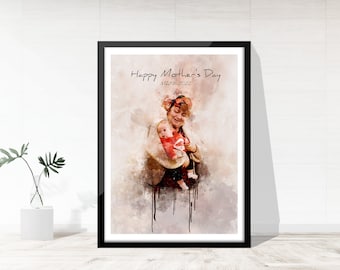 Acuarela a partir de una foto, regalo para la abuela, regalos para abuelos del bebé, retrato familiar, decoración de pared para abuelos y nietos.