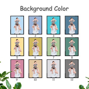 Puede incluir: Doce opciones de color de fondo diferentes para una ilustraci&oacute;n digital de un padre que lleva a su hijo en sus hombros. El padre lleva una camisa blanca y el ni&ntilde;o lleva una camisa gris. La ilustraci&oacute;n est&aacute; en un marco cuadrado con un borde blanco.