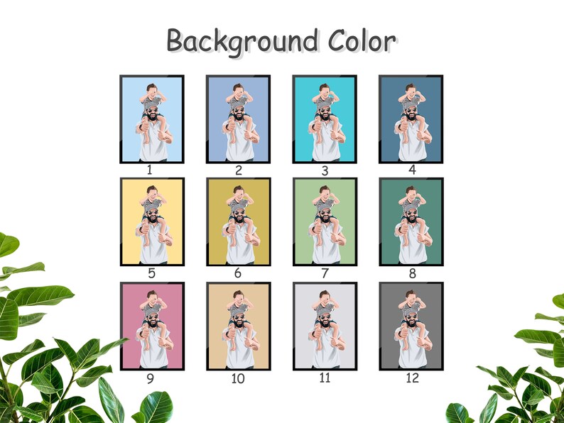 Puede incluir: Doce opciones de color de fondo diferentes para una ilustraci&oacute;n digital de un padre que lleva a su hijo en sus hombros. El padre lleva una camisa blanca y el ni&ntilde;o lleva una camisa gris. La ilustraci&oacute;n est&aacute; en un marco cuadrado con un borde blanco.