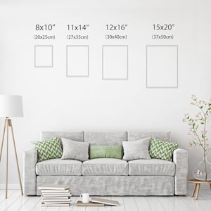 May include: Four framed art prints in various sizes: 8x10 inches (20x25cm), 11x14 inches (27x35cm), 12x16 inches (30x40cm), and 15x20 inches (37x50cm). The prints are displayed on a white wall above a gray sofa with decorative pillows. A floor lamp and side table are also visible.