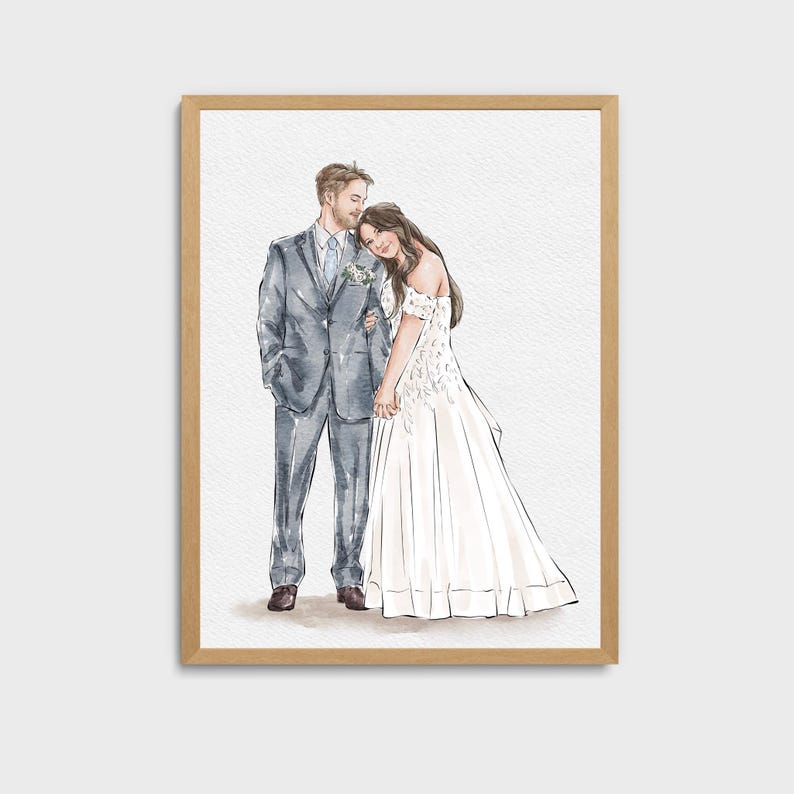 May include: A watercolor painting of a couple in wedding attire. The groom is wearing a gray suit and the bride is wearing a white dress. They are standing close together, with the bride resting her head on the groom's shoulder.