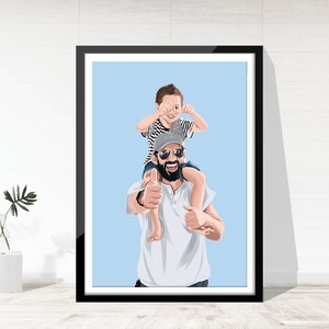 Puede incluir: Una ilustraci&oacute;n de dibujos animados de un padre y un hijo. El padre lleva gafas de sol y una camisa blanca. El hijo lleva una camisa a rayas y una gorra de b&eacute;isbol. El padre lleva a su hijo sobre sus hombros. El fondo es de color azul claro.