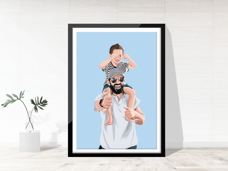 Puede incluir: Una ilustraci&oacute;n de dibujos animados de un padre y un hijo. El padre lleva gafas de sol y una camisa blanca. El hijo lleva una camisa a rayas y una gorra de b&eacute;isbol. El padre lleva a su hijo sobre sus hombros. El fondo es de color azul claro.