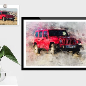 Aangepaste autoportrettekening, aangepaste autoafdruk in aquarelstijl, gepersonaliseerd cadeau voor autoliefhebber, cadeau voor autoliefhebbers