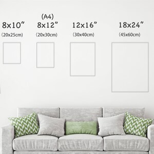 Puede incluir: Cuatro marcos de fotos blancos de diferentes tama&ntilde;os en una pared blanca, con un sof&aacute; gris y un coj&iacute;n verde en primer plano. Los marcos est&aacute;n etiquetados con sus dimensiones en pulgadas y cent&iacute;metros: 8x10" (20x25cm), 8x12" (20x30cm), 12x16" (30x40cm) y 18x24" (45x60cm).