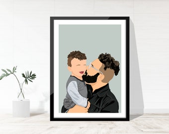 May include: A digital illustration of a father and son. The father is wearing a black jacket and glasses. The son is wearing a striped shirt. The father is holding the son in his arms and they are both smiling.
