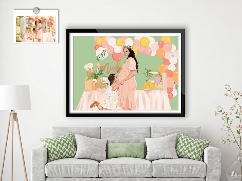 Puede incluir: Una ilustraci&oacute;n digital de una mujer embarazada y una ni&ntilde;a peque&ntilde;a frente a una mesa con un mantel rosa. La mujer lleva un vestido rosa y una corona de flores. La ni&ntilde;a lleva un vestido floral y est&aacute; sosteniendo la barriga de la mujer. El fondo es una pared verde con un arco de globos en rosa, naranja y amarillo. El texto "Make a Wish" est&aacute; escrito en la mesa.