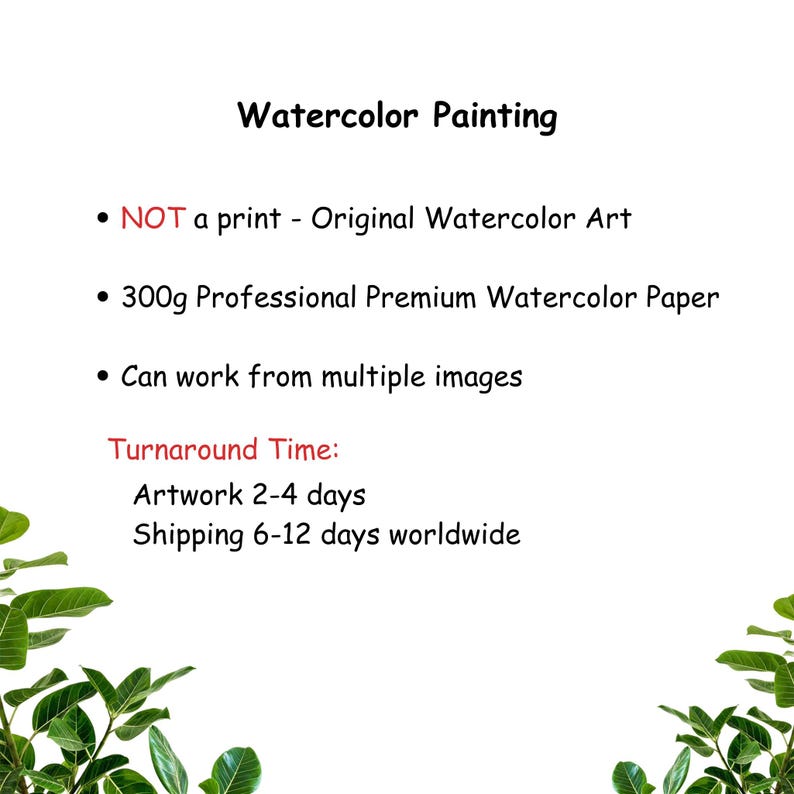 May include: Image of a white background with the text "Watercolor Painting." The text also states "NOT a print - Original Watercolor Art," "300g Professional Premium Watercolor Paper," and "Can work from multiple images."
