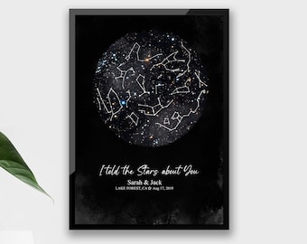 Custom Watercolor Night Sky, Star Map by Date, Gift for couple, The night we met, Celestial Map Art, Anniversary Gift