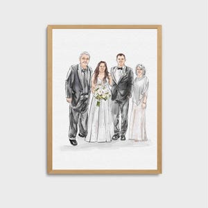 May include: A watercolor painting of a wedding party. The bride and groom are standing in the center, with the groom's parents on either side. The bride is wearing a white dress with a floral bouquet, and the groom is wearing a black suit. The parents are both wearing formal attire.