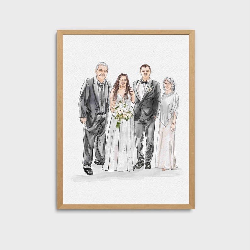 May include: A watercolor painting of a wedding party. The bride and groom are standing in the center, with the groom's parents on either side. The bride is wearing a white dress with a floral bouquet, and the groom is wearing a black suit. The parents are both wearing formal attire.