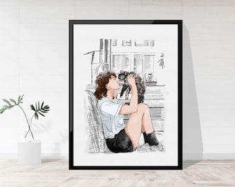 Custom Watercolor Portrait with Black and White Background, Sketch Background Painting From Photo, Personalised Owner and Pet Portrait