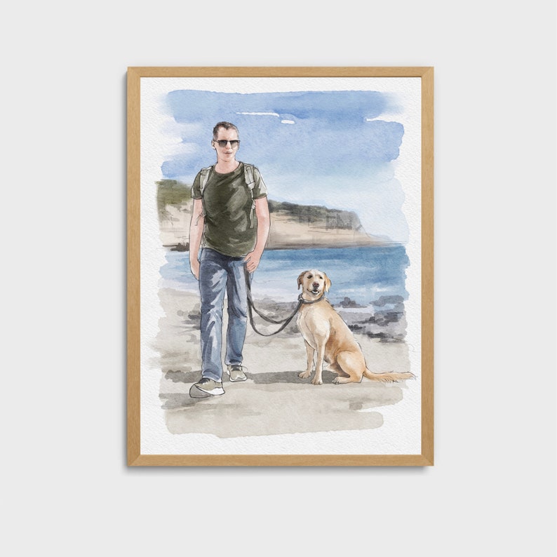 May include: A watercolor painting of a person wearing sunglasses and a green shirt walking a dog on a beach. The dog is a light brown labrador retriever.