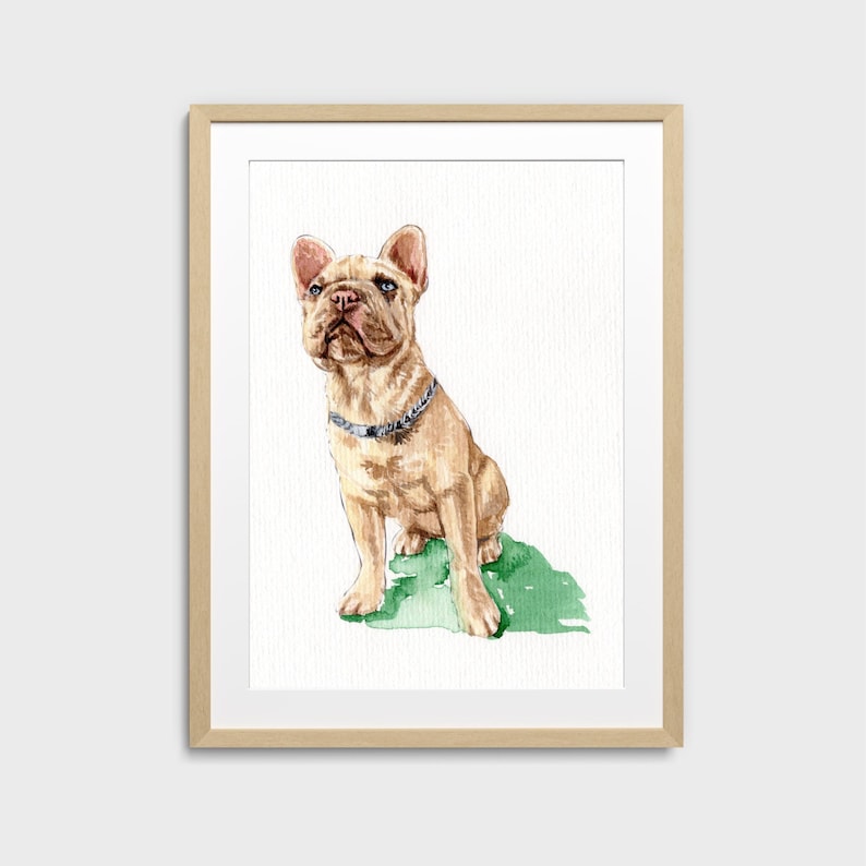 May include: Watercolor painting of a tan French Bulldog sitting on a patch of green grass. The dog wears a blue collar and has a focused expression. The artwork is framed in a light wood frame, suitable for home decor.